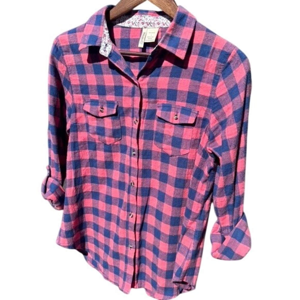 Flannel Button Down Women L Pink Navy Buffalo Plaid GOOD CONDITION - Picture 2 of 8